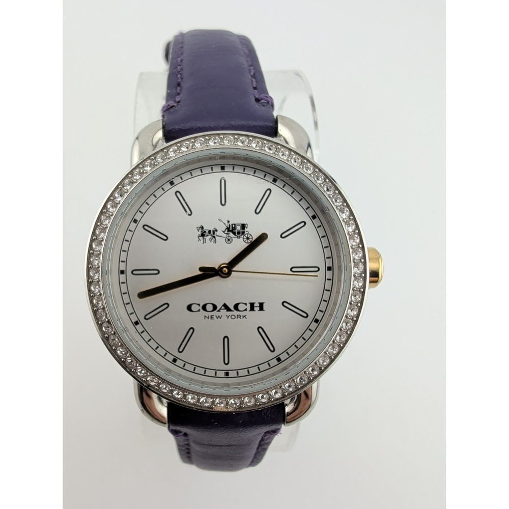 Coach Lex Watch 32mm Silver Case Crystal Bezel Purple Leather Band- New Battery